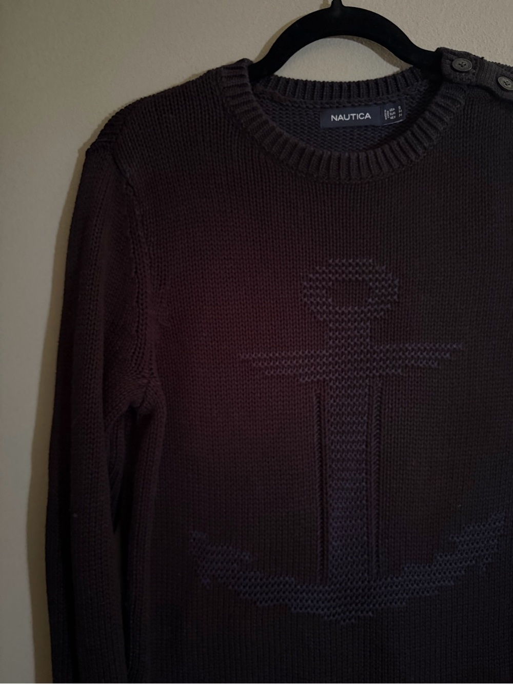 Nautica Anchor Knit Sweater Navy 100% Cotton Crewneck Shoulder Button Nautical - Picture 5 of 14